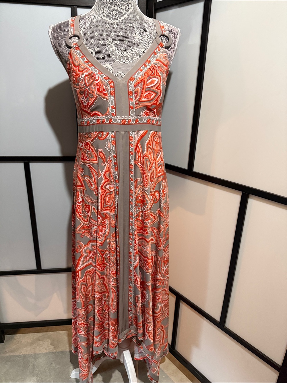 INC International Concepts Orange and Gray Paisley V-Neck Maxi Dress